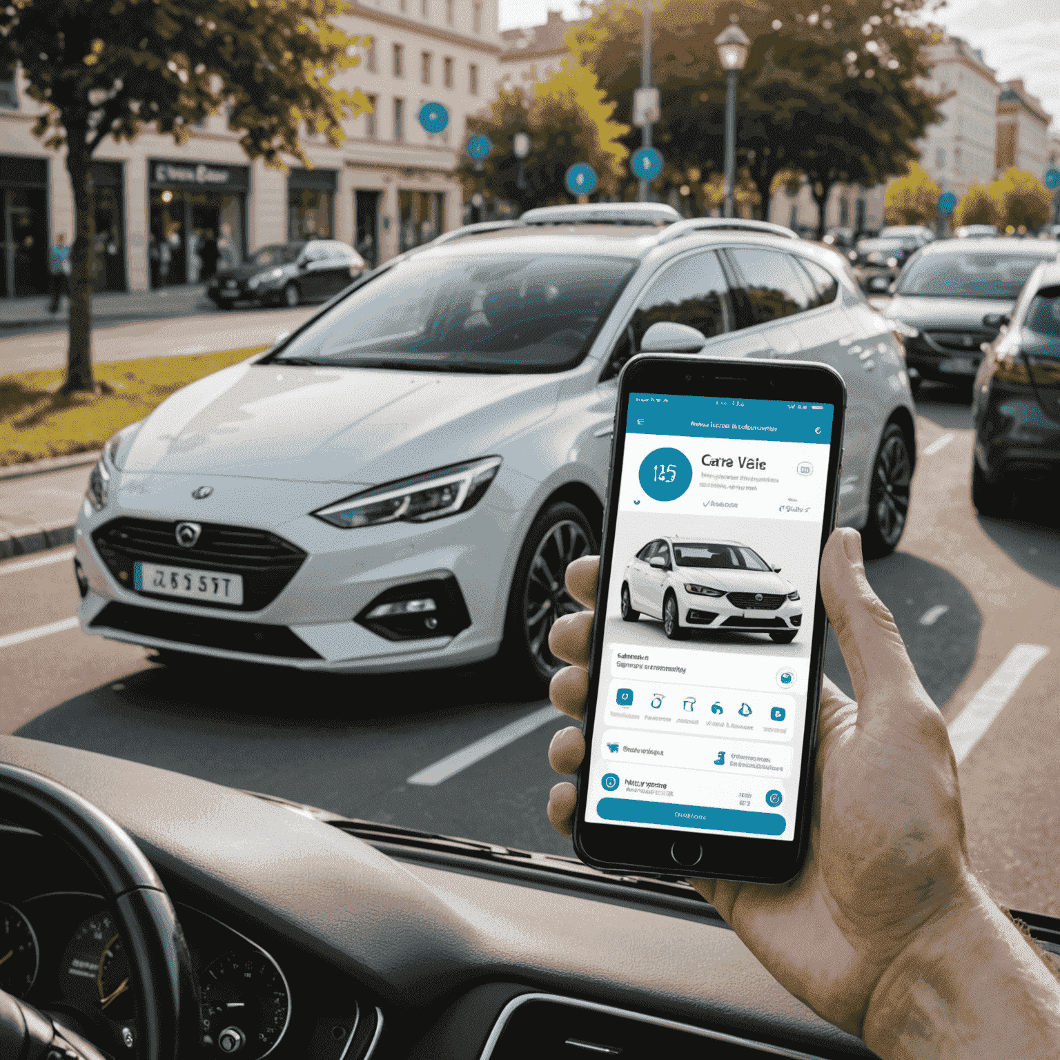 Een smartphone met een autoverzekerings-app die realtime gegevens toont, naast een auto met zichtbare IoT-sensoren.