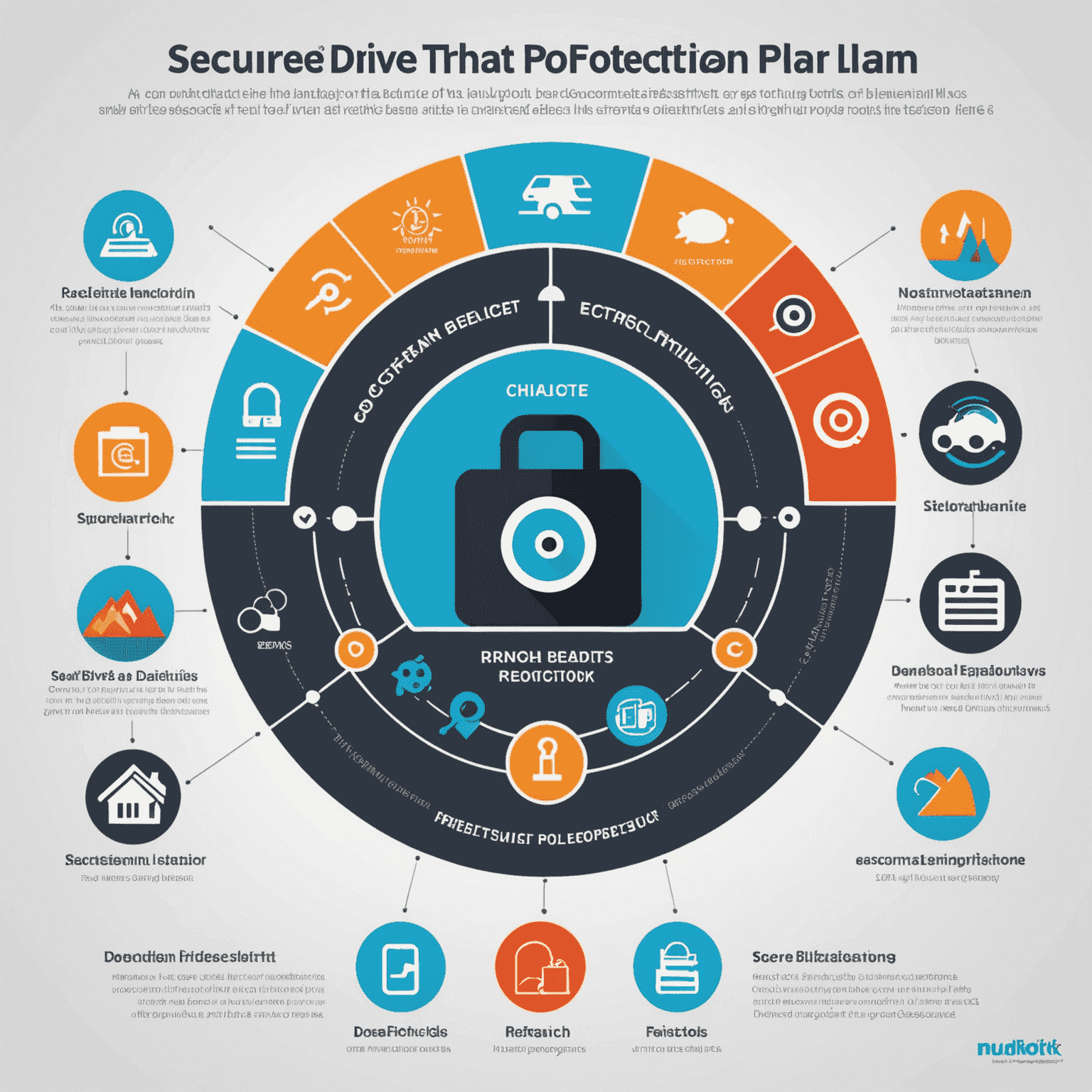 Een infographic die de verschillende aspecten van SecureDrive's uitgebreide beschermingsplan toont, inclusief anti-diefstal maatregelen en verzekering tegen natuurrampen.